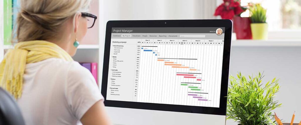 female bookkeeper checking a screen with bookkeeping projects on in an office environment with her back to the camera